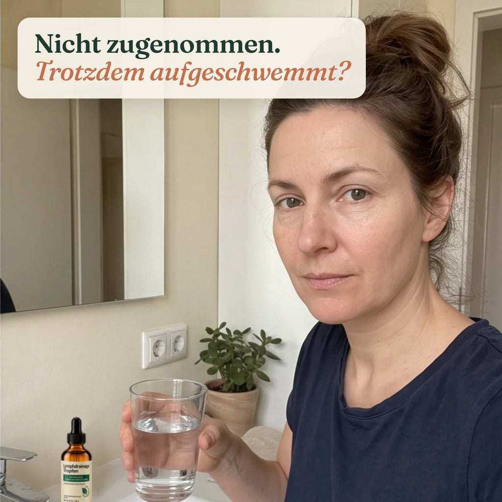 Frau morgens im Badezimmer mit einem Glas Wasser, daneben die Wiesenblatt Flasche – Nicht zugenommen. Trotzdem aufgeschwemmt?