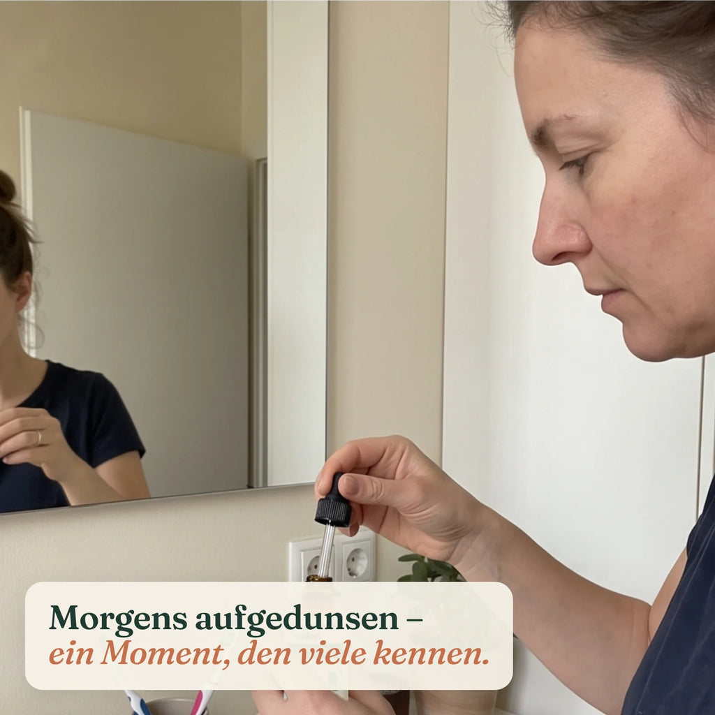 Frau ungeschminkt am Morgen vor dem Badezimmerspiegel