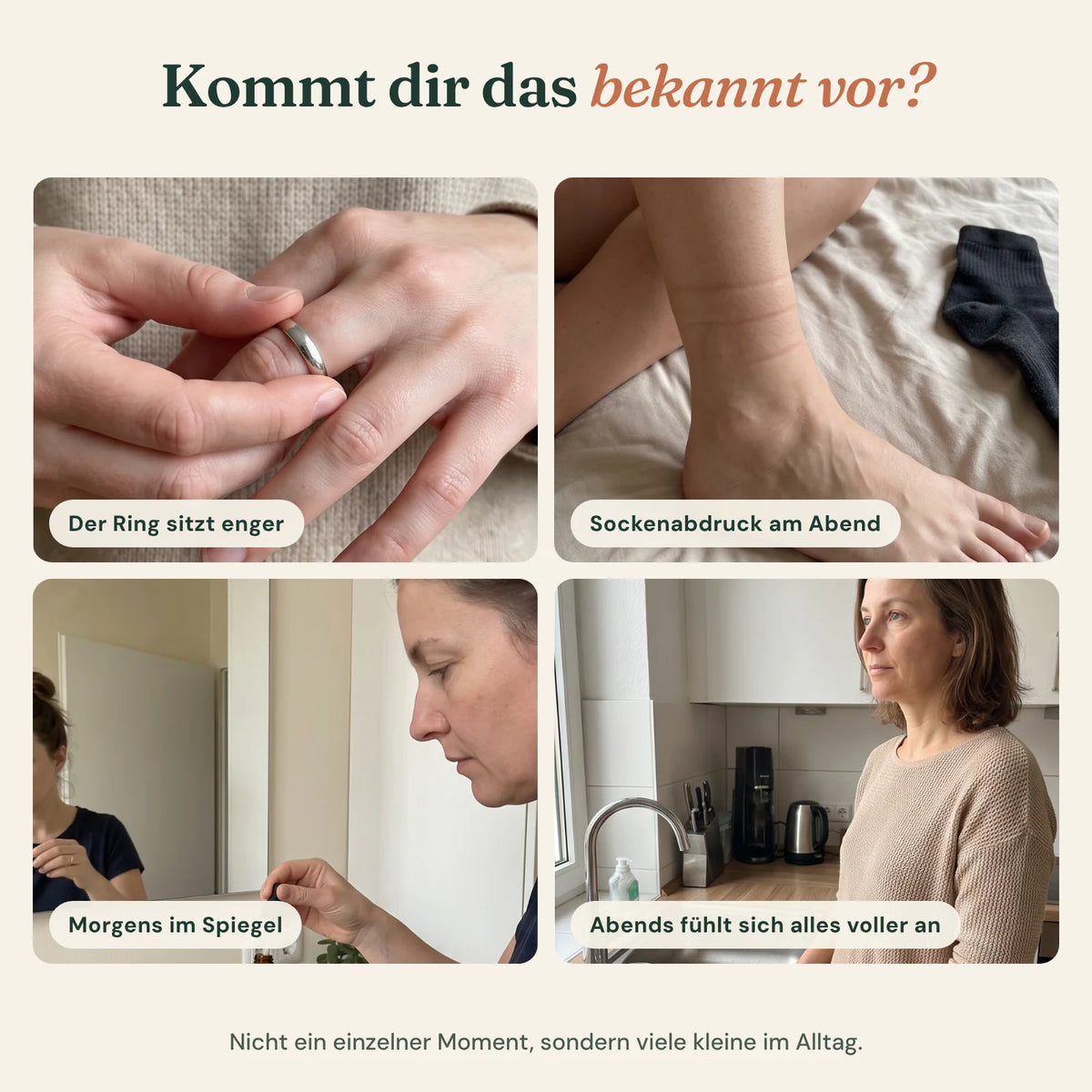 Vier Alltagsmomente: enger Ring, Sockenabdruck, morgens im Spiegel, abends in der Küche