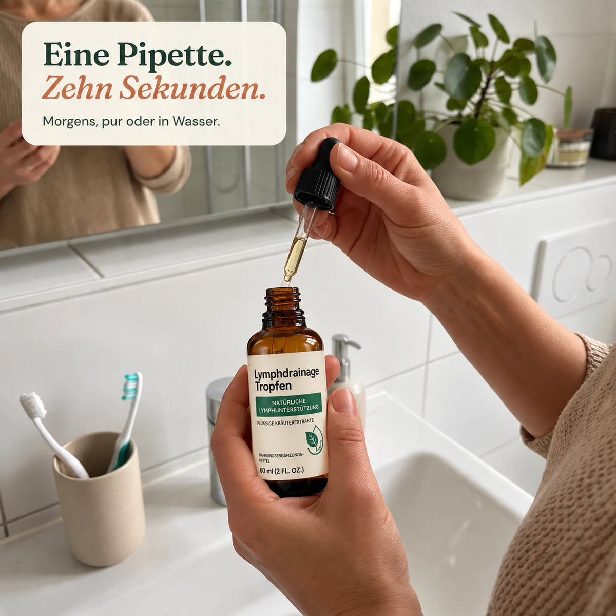 Hand nimmt mit der Pipette Tropfen aus der Wiesenblatt Flasche im Badezimmer – Eine Pipette. Zehn Sekunden.