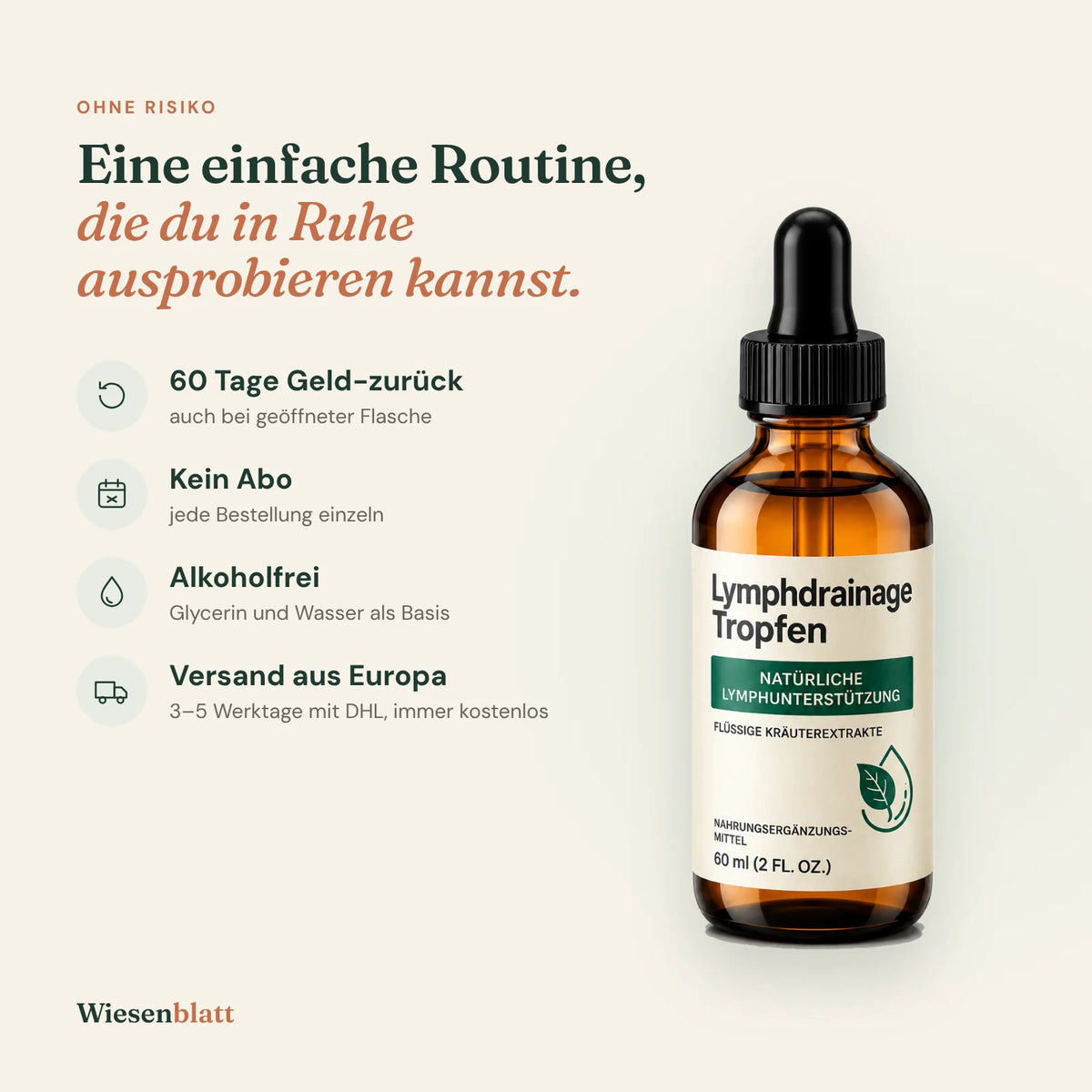 Wiesenblatt Flasche: 60 Tage Geld-zurück, kein Abo, alkoholfrei, Versand aus Europa